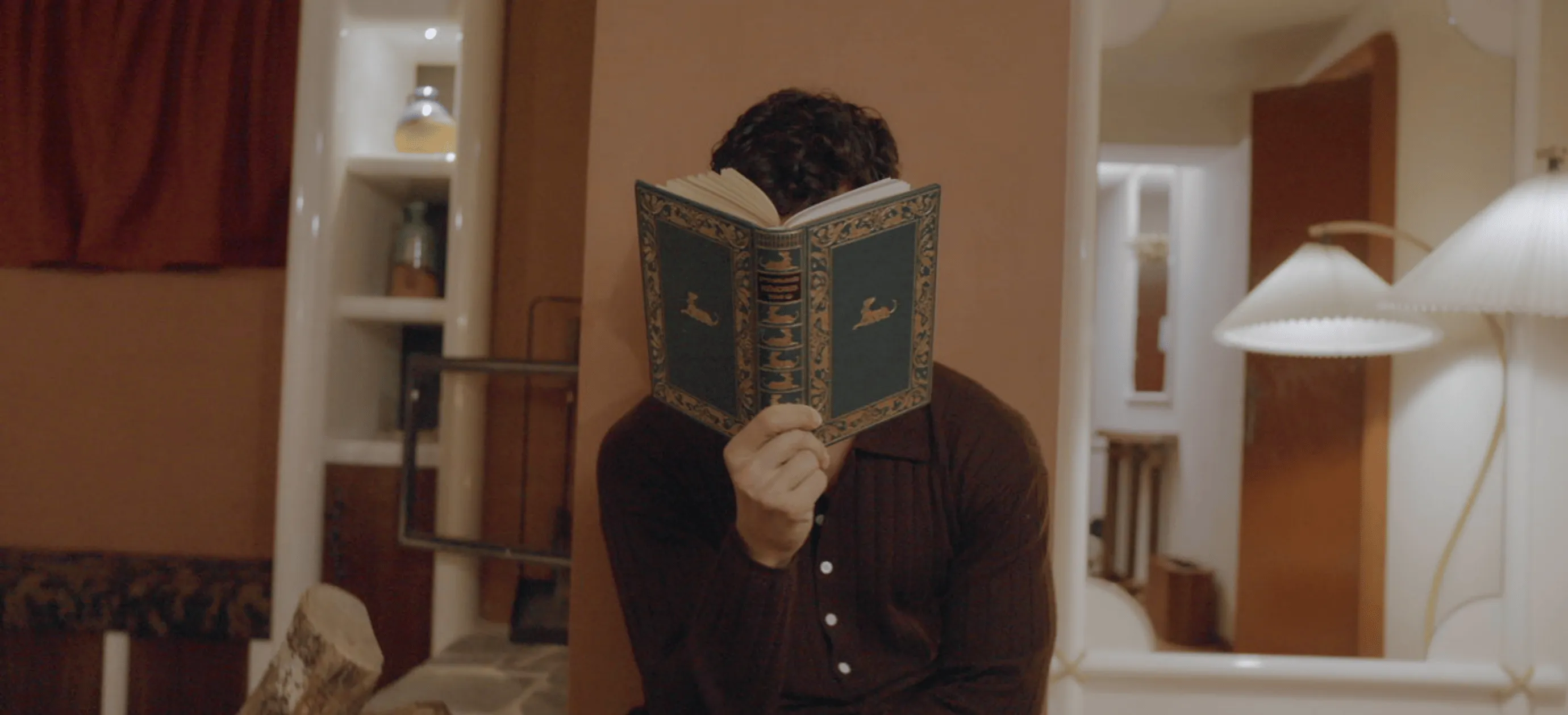 Person sitting indoors reading a green book with gold detailing that covers their face.