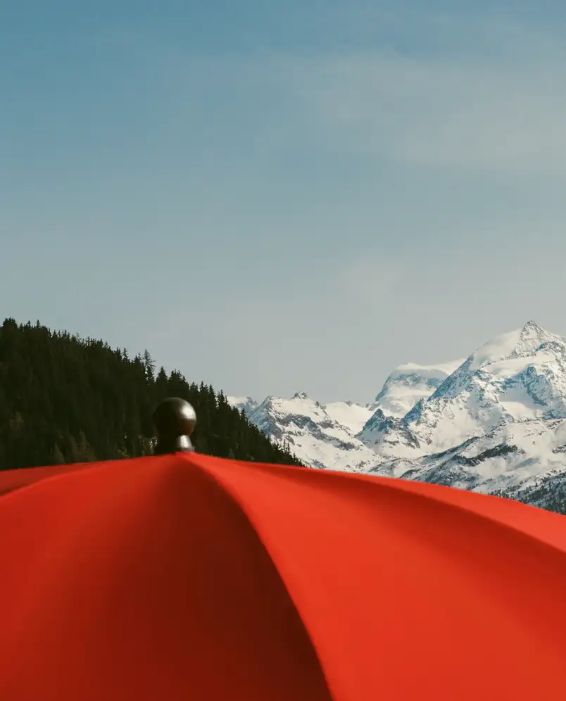 View of snow-covered mountains and pine trees behind a red umbrella.