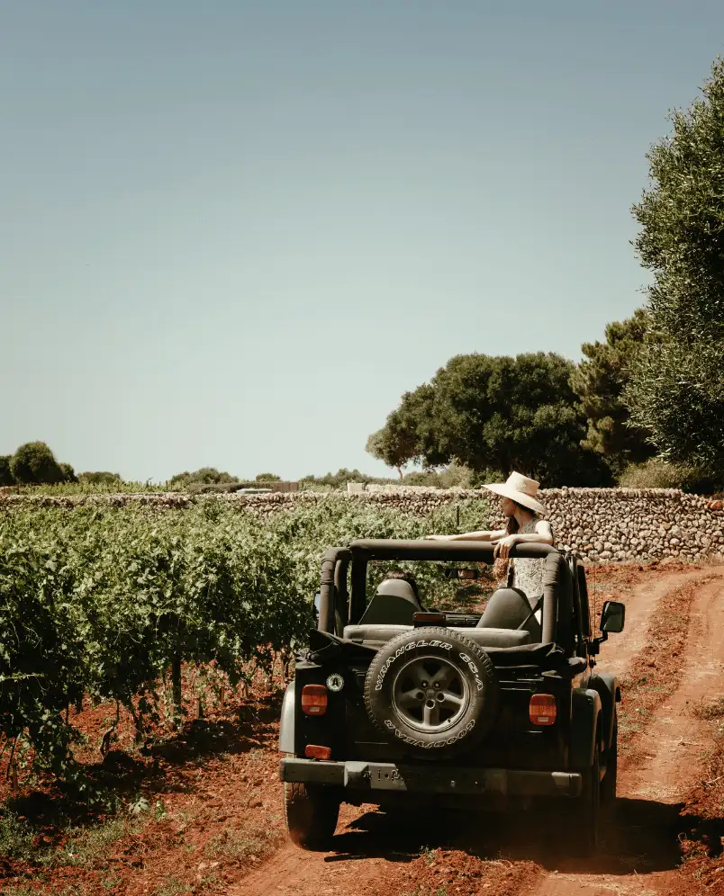 Woman wearing a hat sitting in a black open-top jeep driving on a dirt road beside green vineyards and stone walls under a clear sky.