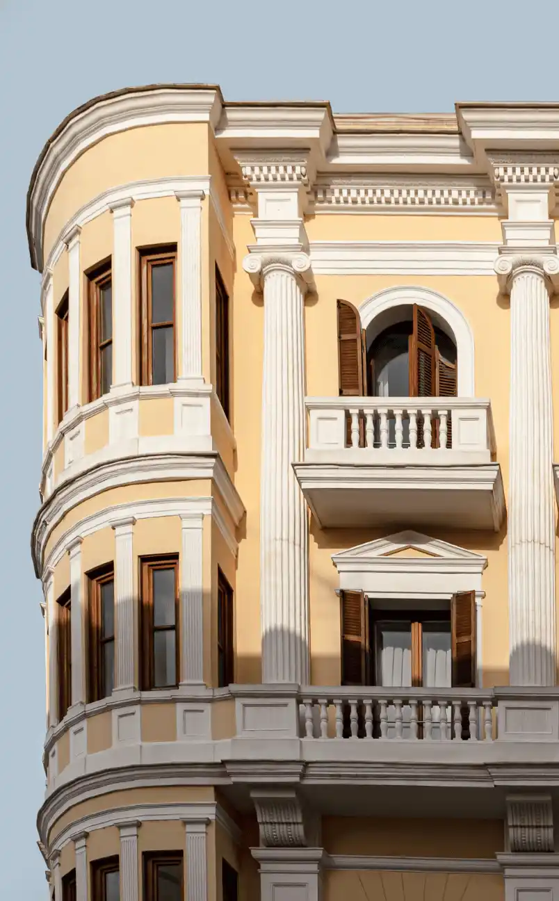 Close-up of a yellow classical building facade featuring white columns, multiple windows with wooden shutters, and decorative balconies.