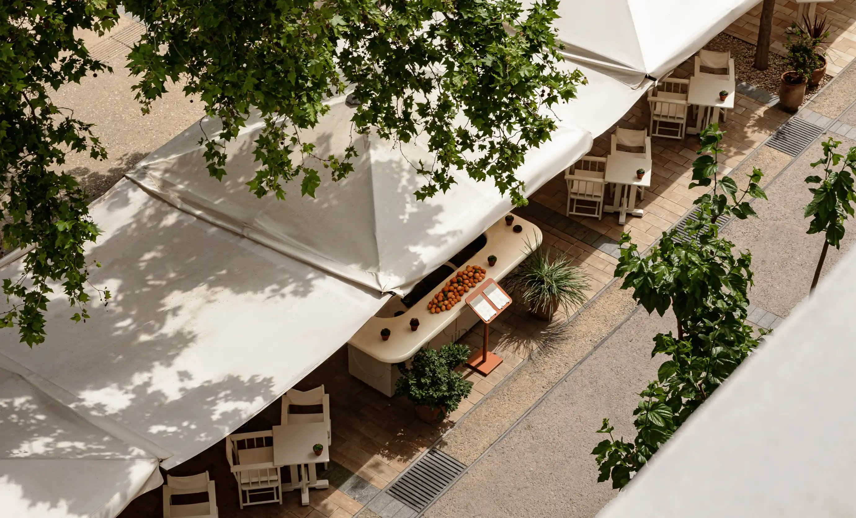 Outdoor café terrace with white tables and chairs shaded by large white umbrellas and surrounded by green plants and trees.