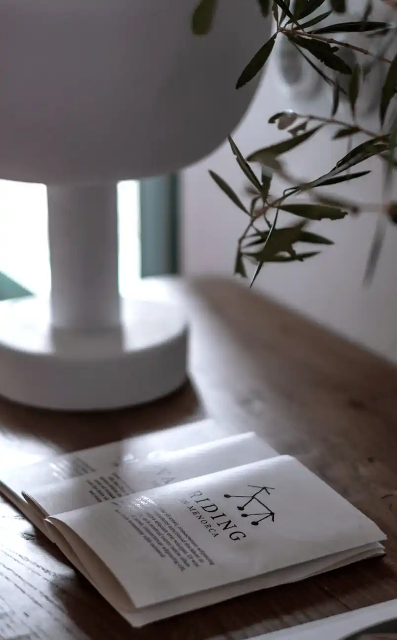 Folletos doblados titulados «K Loading in Menorca» colocados sobre una mesa de madera cerca de una lámpara blanca y una rama verde de una planta.