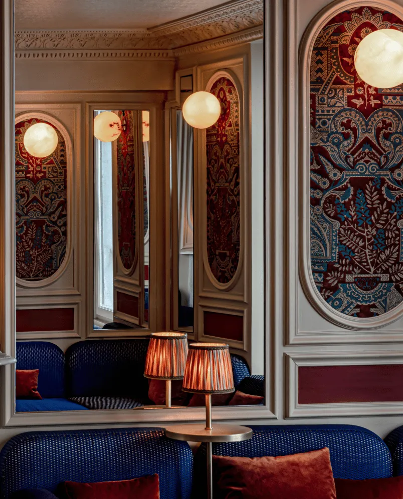 Detail of interior salon decor with sophisticated wall patterns and warm lighting, Experimental Group.