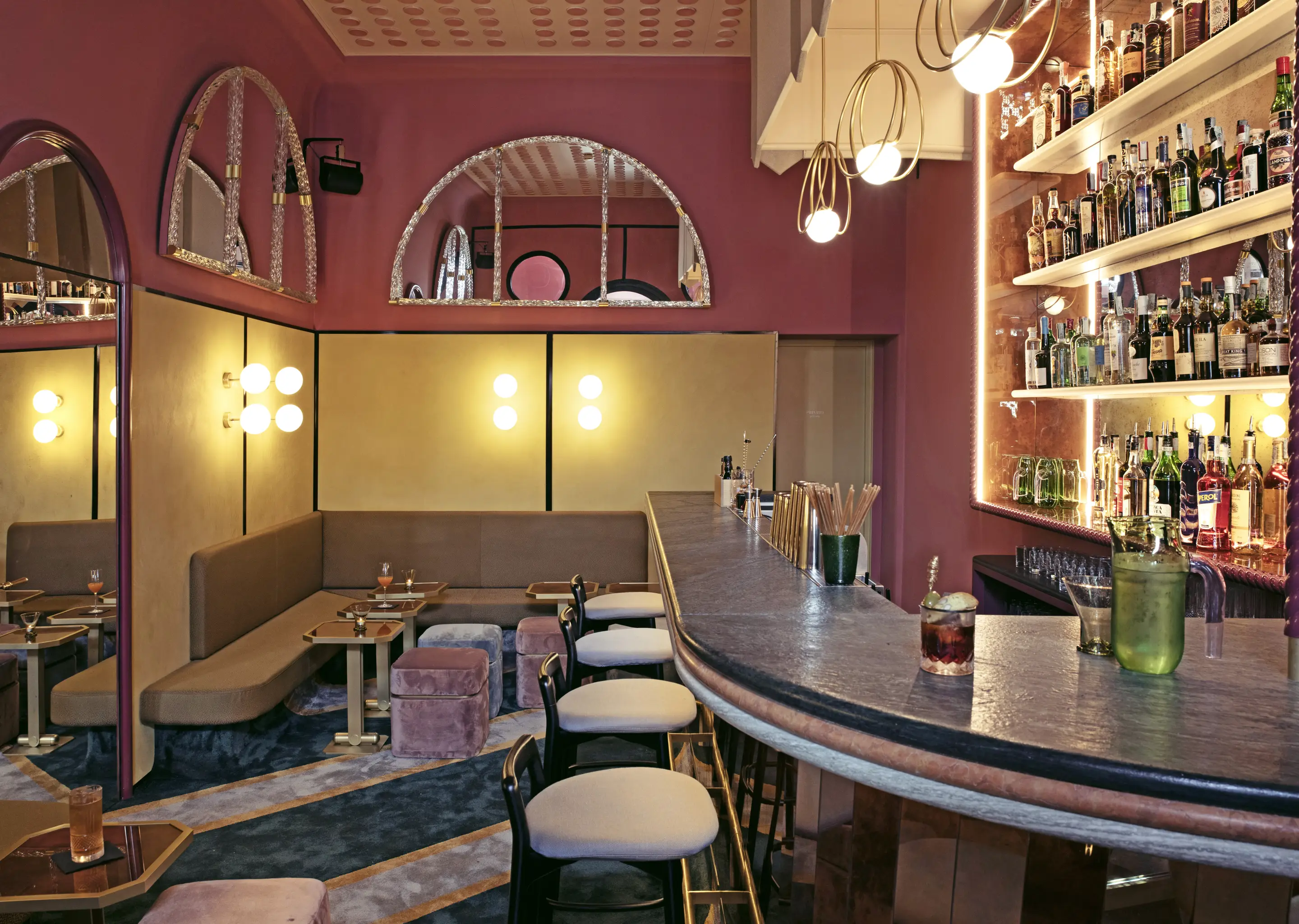 Sophisticated interior and spirit shelves, La Compagnie bar, Neal's Yard, Experimental Group.