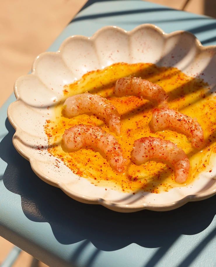 Seasoned shrimp served on an elegant plate, a gastronomic signature of the Experimental Group.