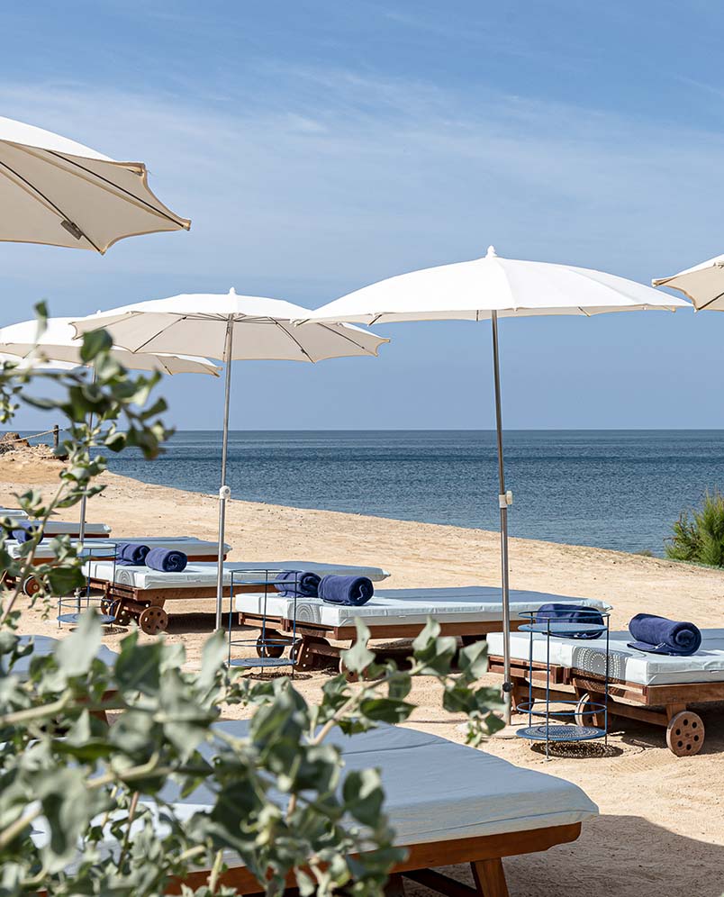 Sun loungers and parasols on the Experimental Group private beach.