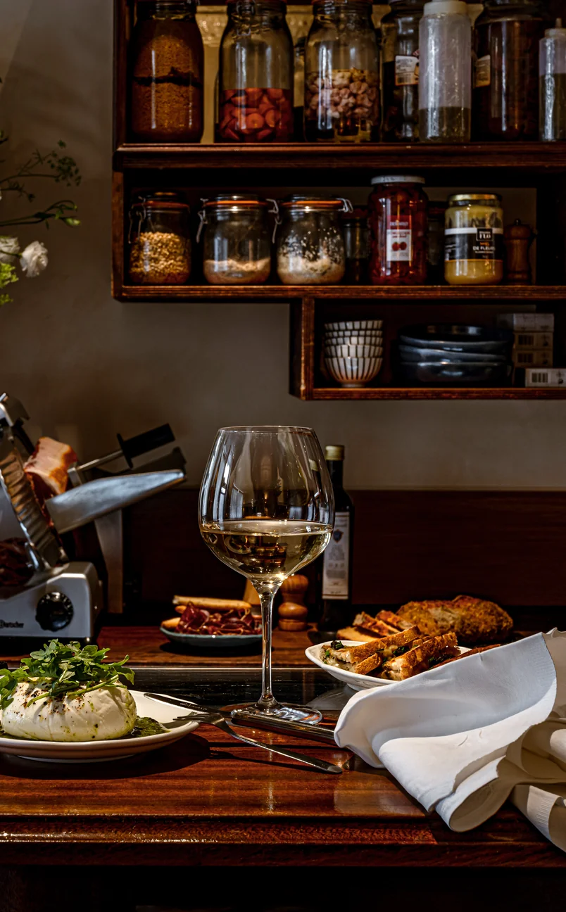 Selección de productos gourmet y una copa de vino en la barra del bar Experimental Group.