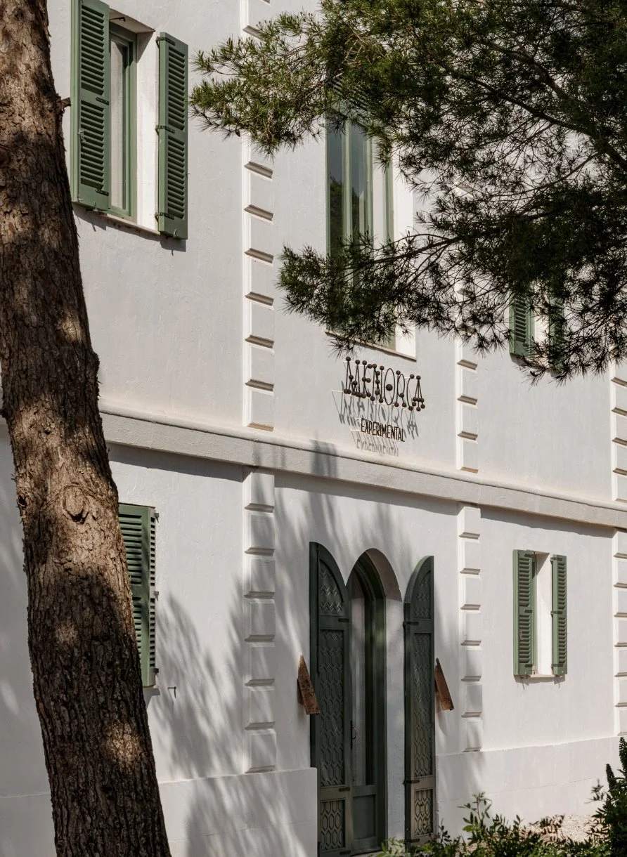Edificio blanco con persianas verdes y puertas parcialmente sombreadas por ramas de árboles.