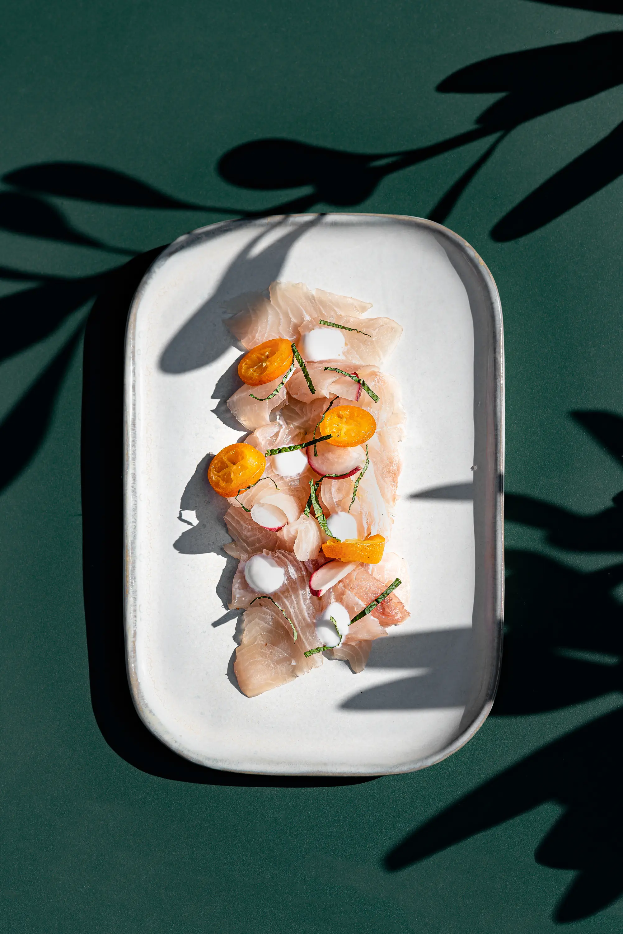 Pescado crudo en rodajas finas con rodajas de naranja, rábano y guarnición verde en un plato blanco.