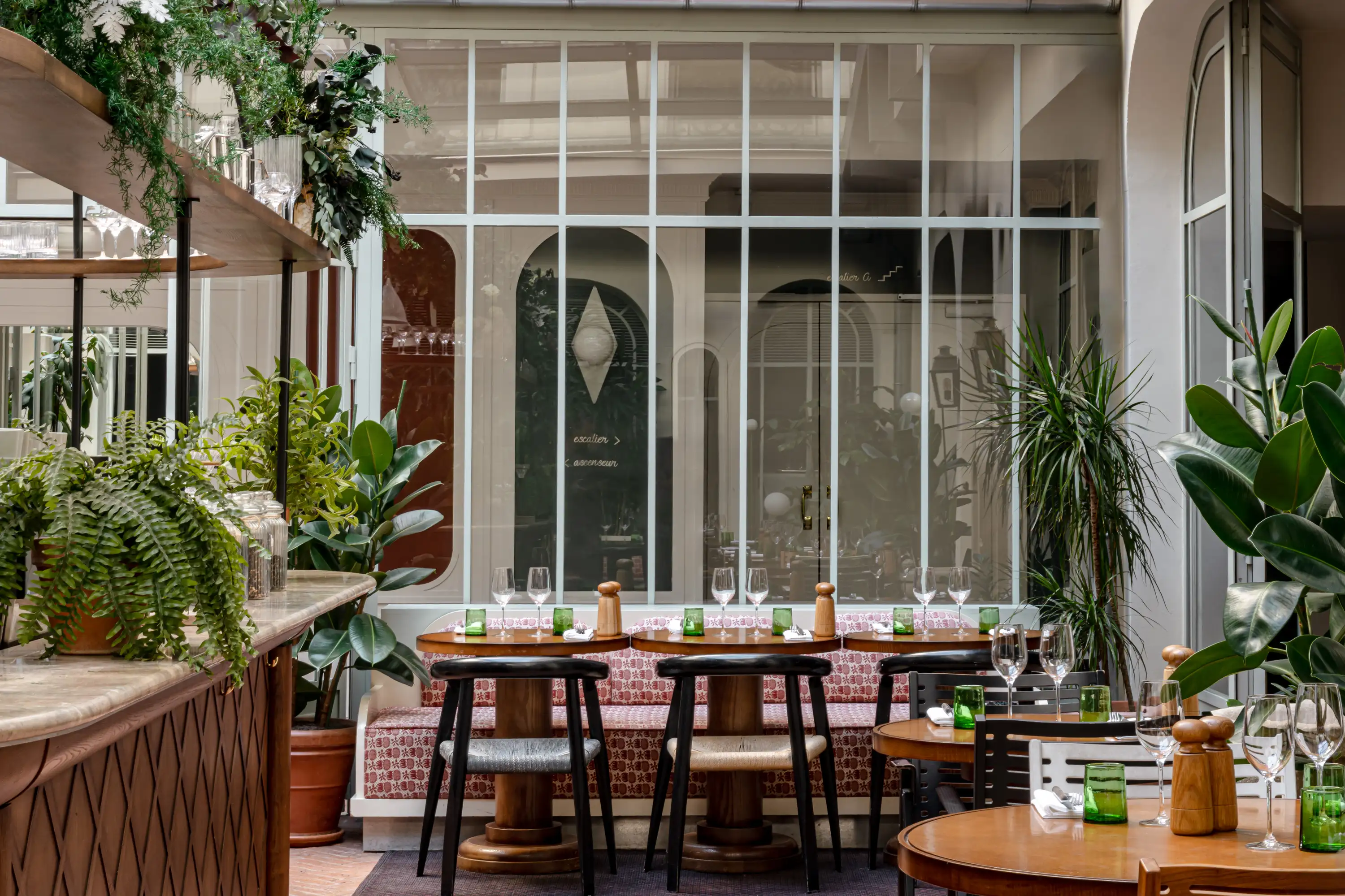 Cozy restaurant interior with wooden tables, chairs, plants, and large windowed wall in background.
