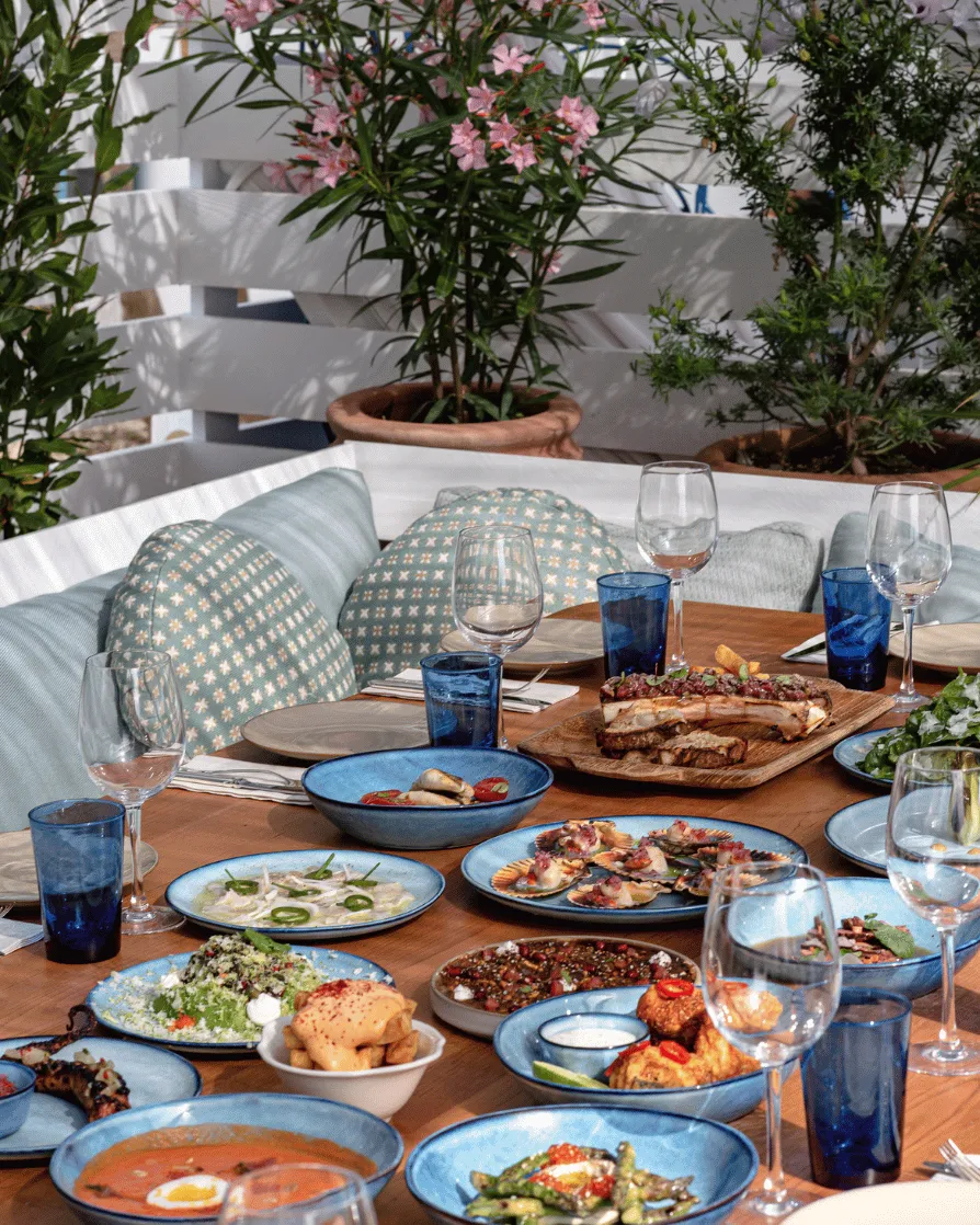 Outdoor table with assorted dishes, blue plates, wine glasses, and cushions with floral patterns.