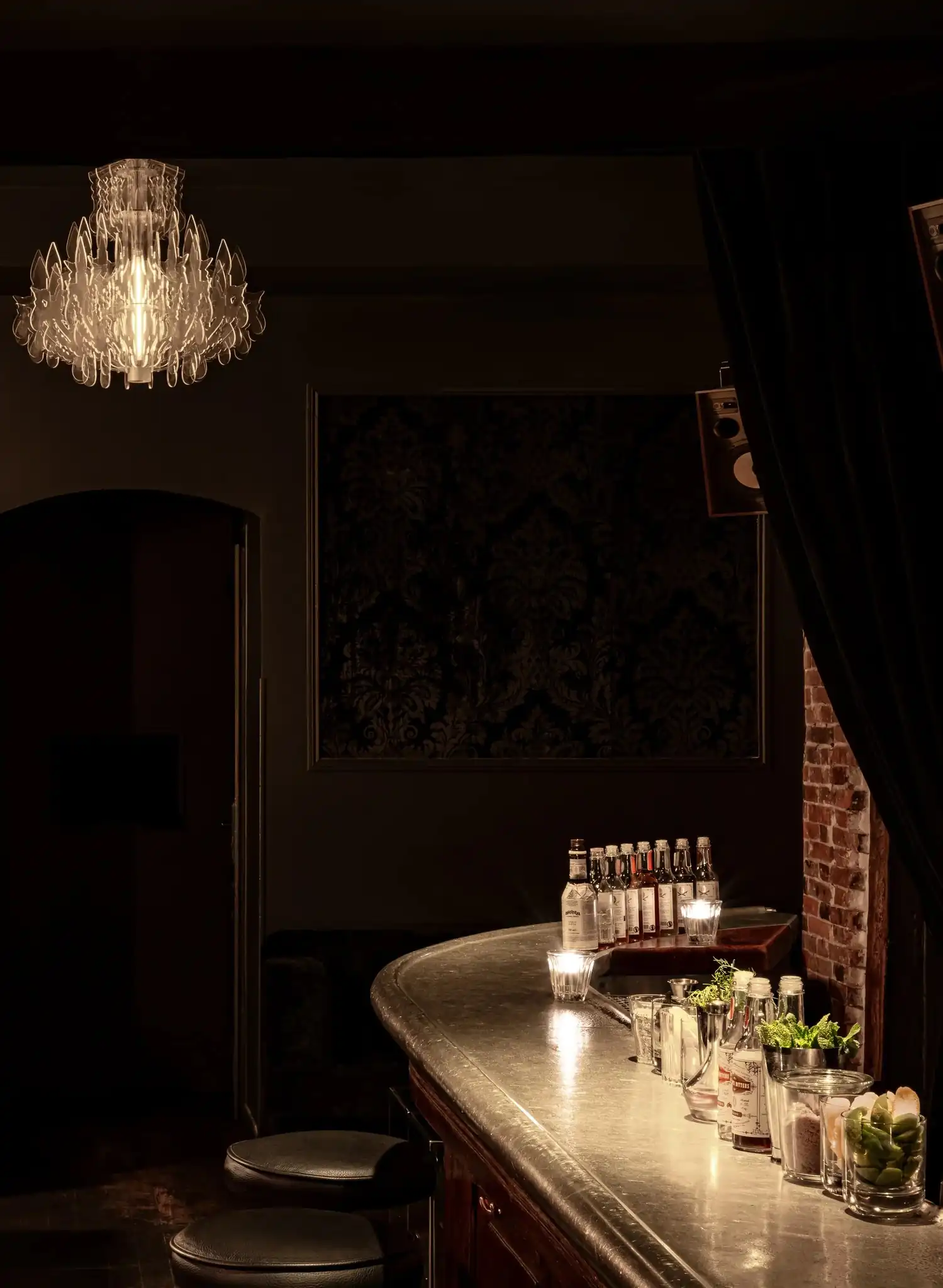Bancone da bar poco illuminato con bottiglie, erbe e ingredienti sotto un lampadario moderno.