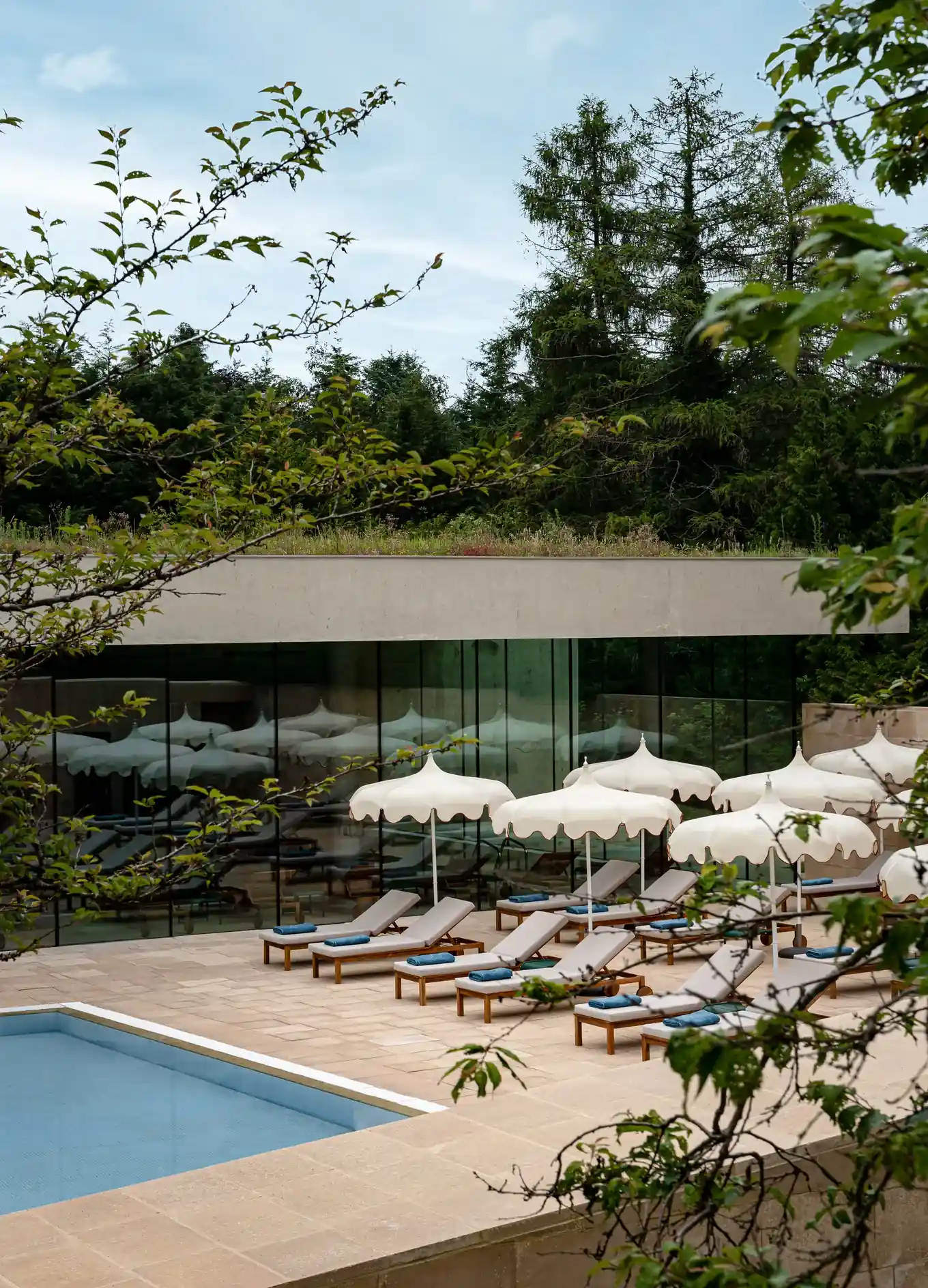 Área de piscina ao ar livre com espreguiçadeiras e guarda-sóis brancos cercada por árvores e um edifício moderno.