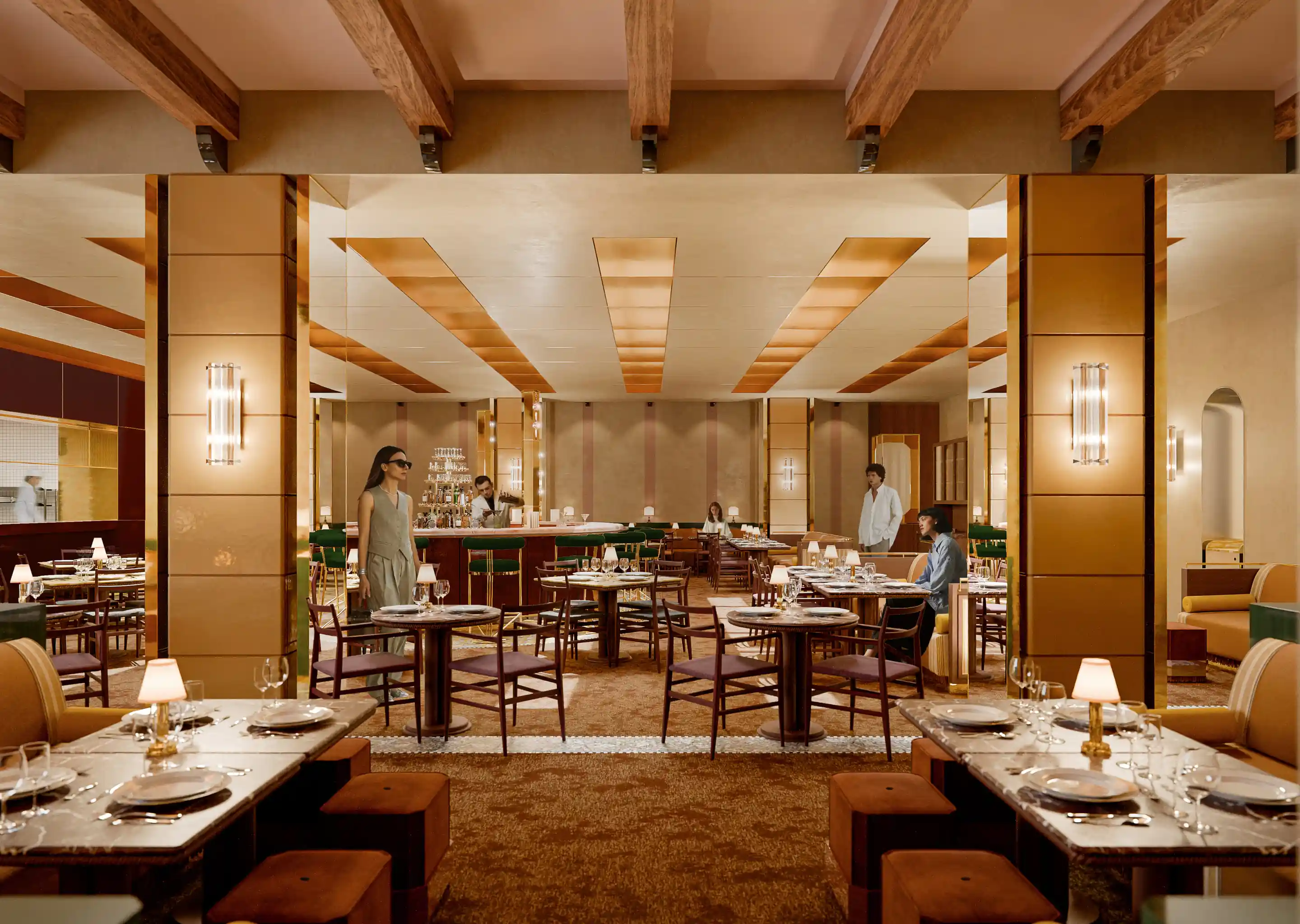Moderno ristorante dell'hotel con mobili in legno, luci calde e clienti che cenano e camminano all'interno.