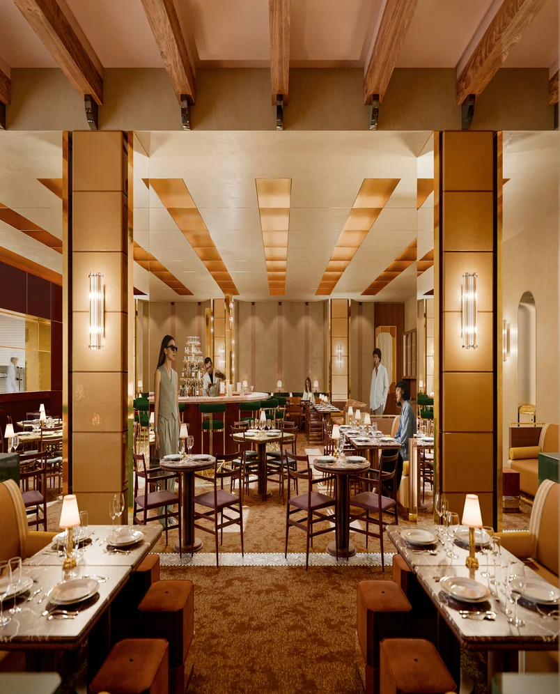 Elegante interno del ristorante con travi in legno, decorazioni marroni, tavoli rotondi e persone che cenano e camminano.