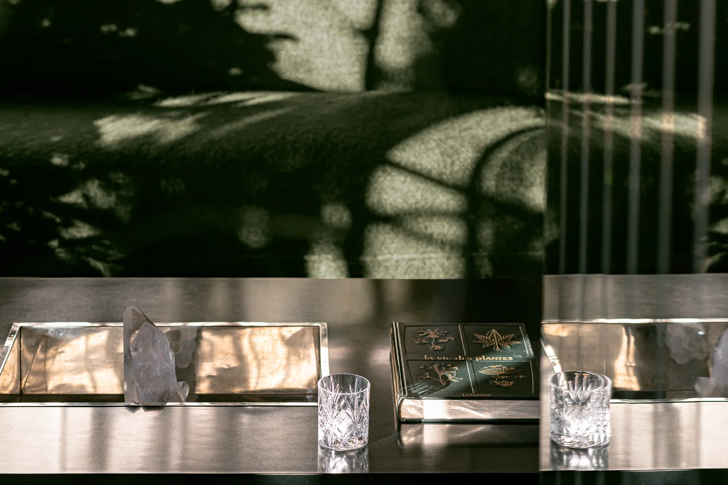 Livro intitulado 'la vie des plantes' em uma mesa com dois castiçais de vidro e decorações de cristal.