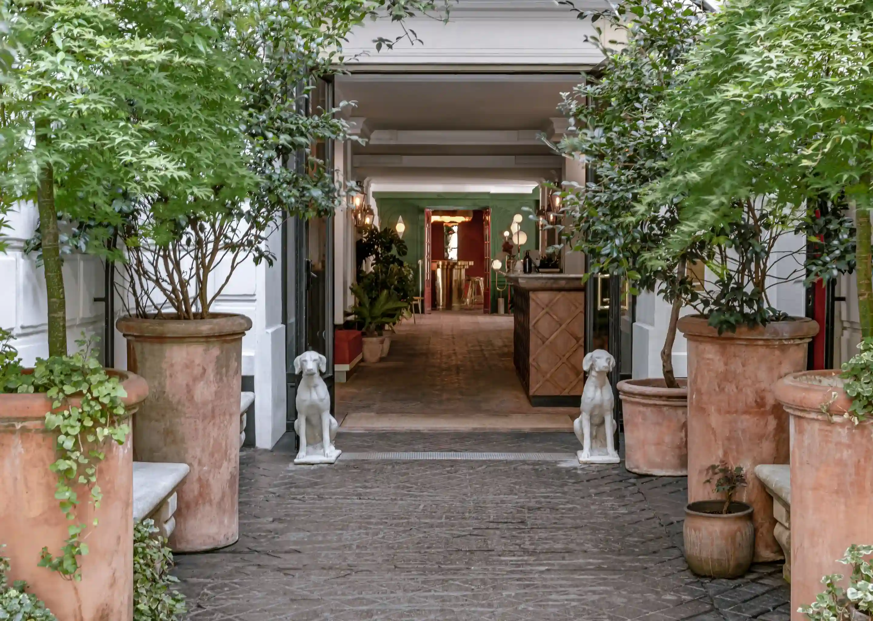 Entrada de um prédio emoldurado por grandes vasos de terracota com plantas verdes e estátuas de cães em cada lado.