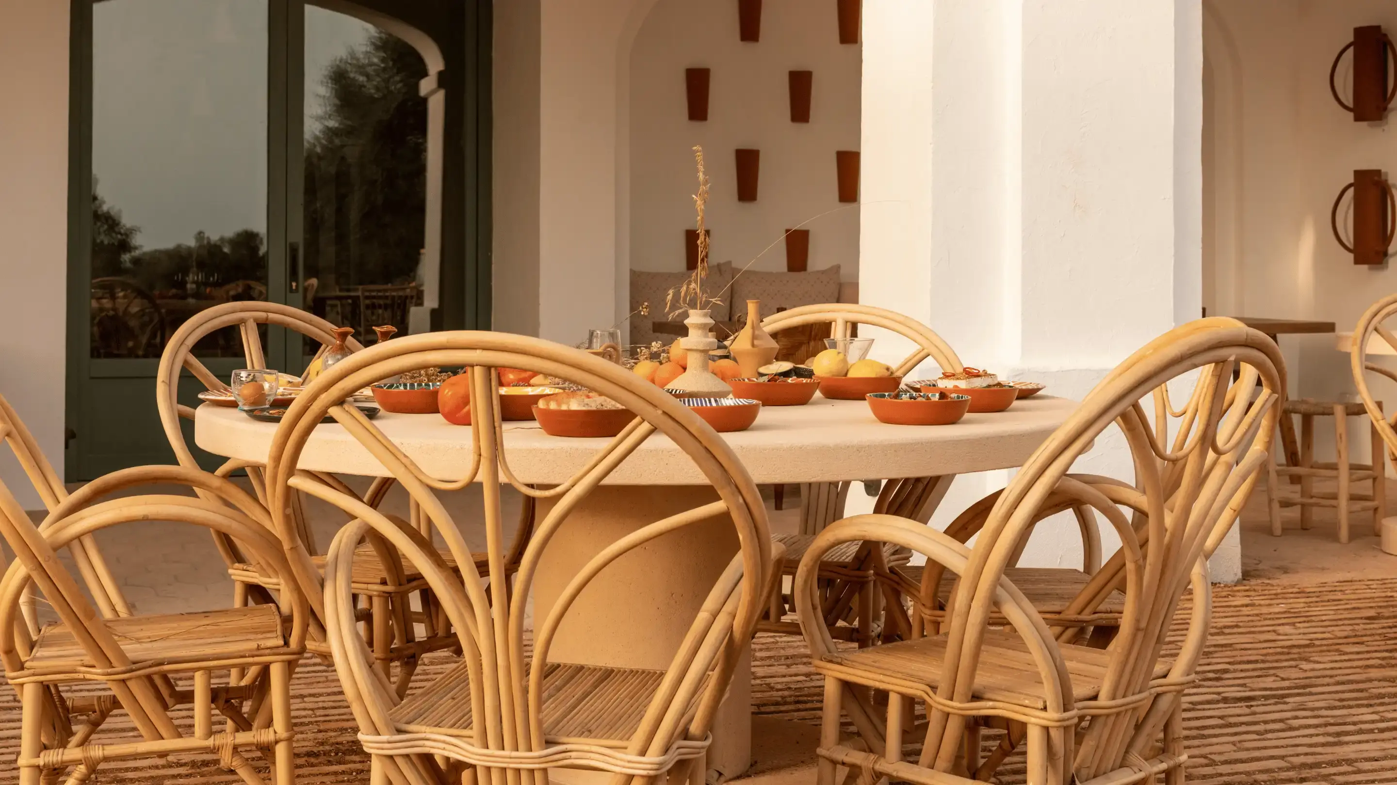 Tavolo da pranzo all'aperto con sedie in vimini e ciotole in terracotta con frutta e decorazioni su un patio.