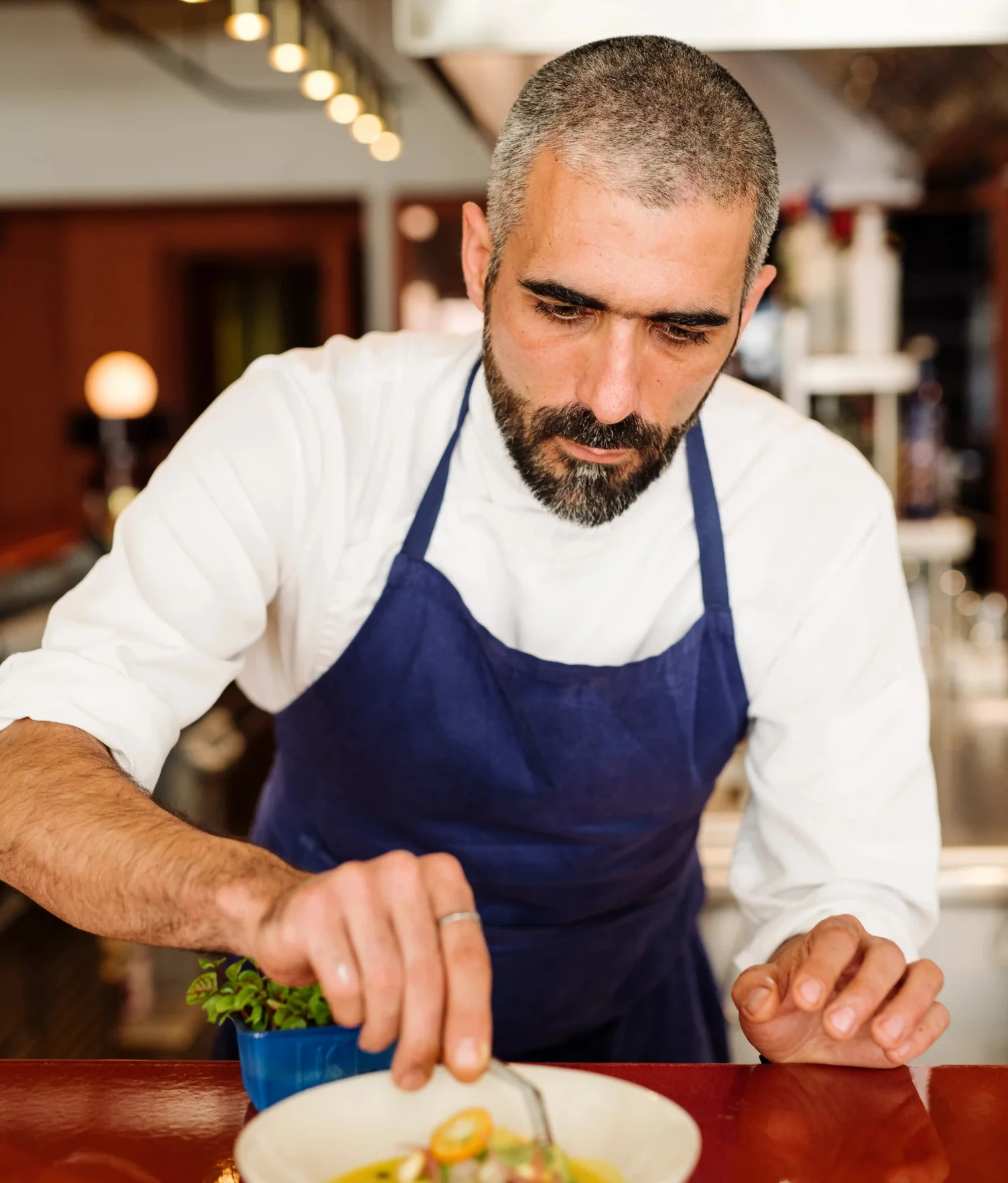 Chef in a white shirt and blue apron carefully arranging food on a plate in a kitchen.