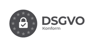 DSGVO Konform logo with a padlock and checkmark surrounded by stars.