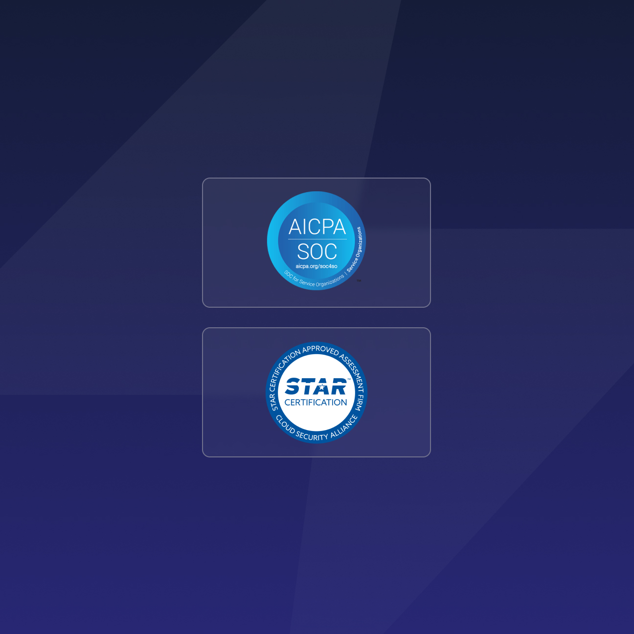 Two certification badges on a dark blue background: AICPA SOC and STAR Certification from Cloud Security Alliance.