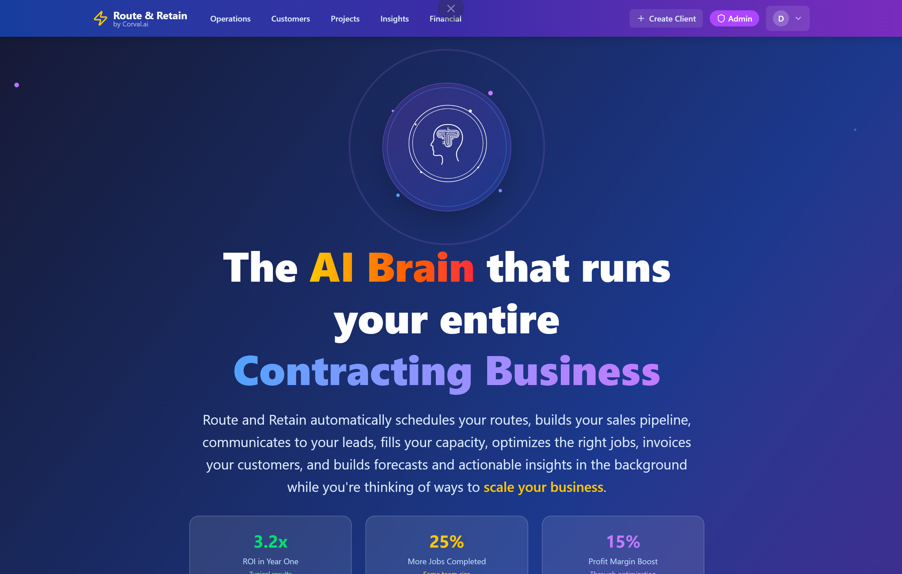 Dashboard page showing Route & Retain AI brain managing contracting business with stats on ROI, job completion, and profit margin boost.
