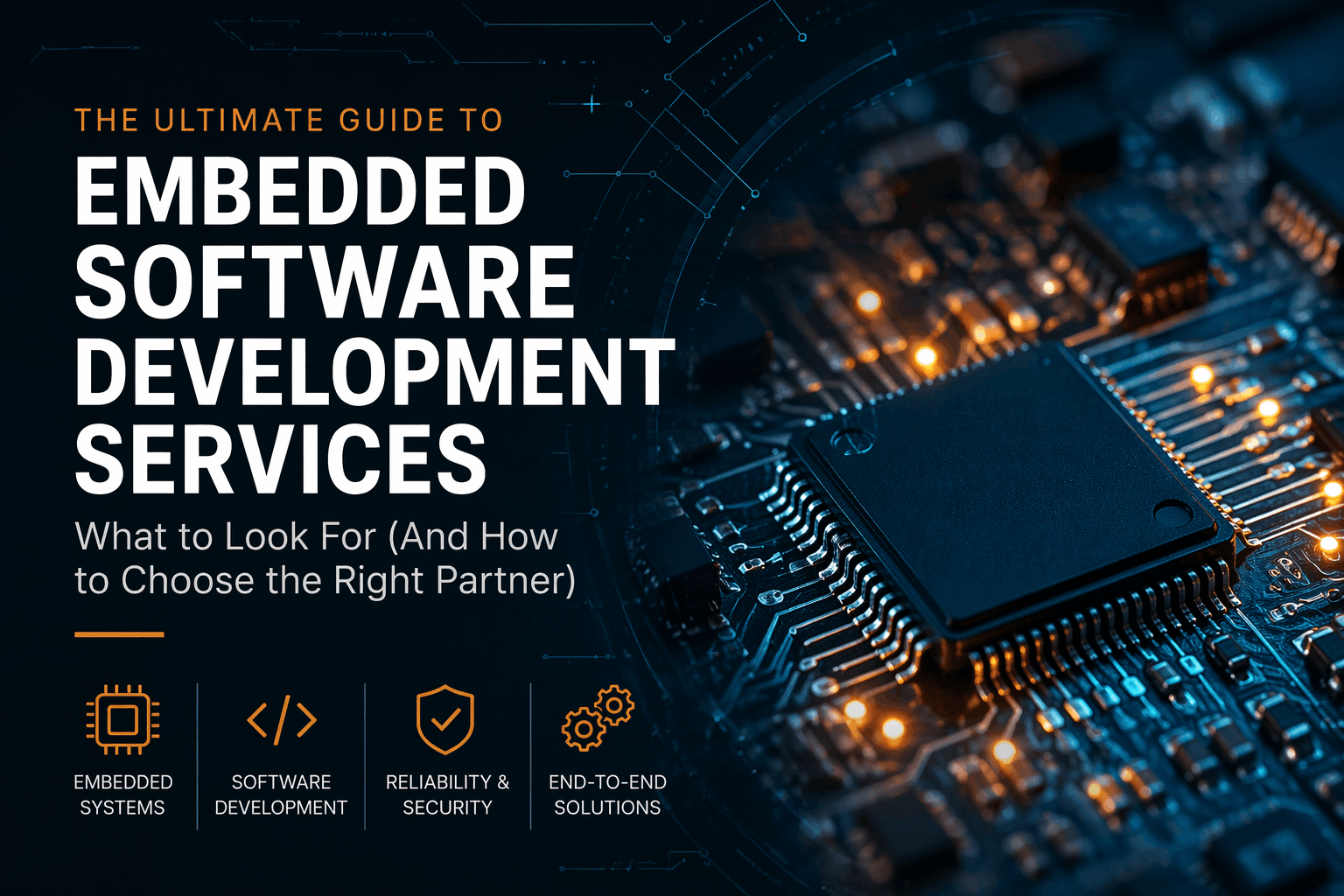 Embedded software development services cover image with microcontroller chip on PCB, showing firmware engineering, embedded systems design and hardware integration