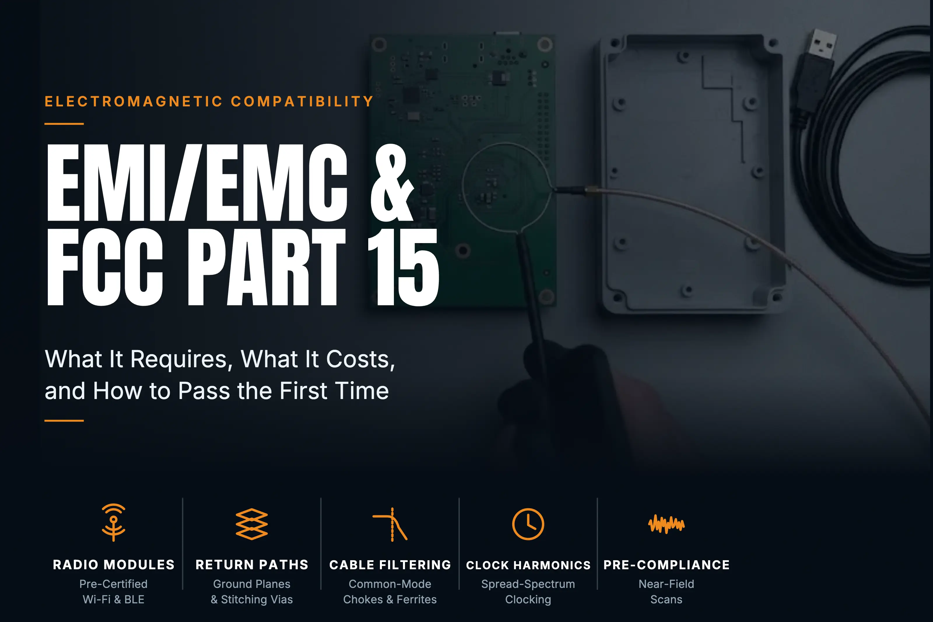 Near-field loop probe held over a circuit board beside an open enclosure and USB cable during EMC pre-compliance testing