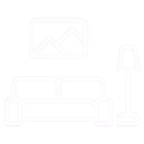 Icon depicting a living room setup with a sofa, floor lamp, and framed picture on the wall.