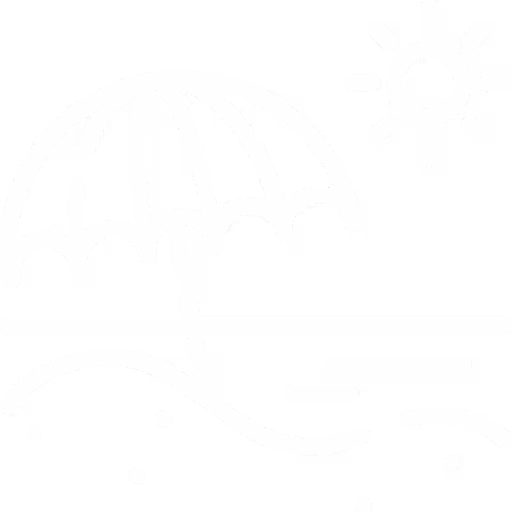White line icon of a beach scene with an umbrella, sun, and waves on a transparent background.