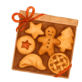 Boîte-cadeau avec plusieurs biscuits décoratifs en forme d'étoile, bonhomme en pain d'épice, sapin, croissant, tartelette, et cercle avec étoile au centre.