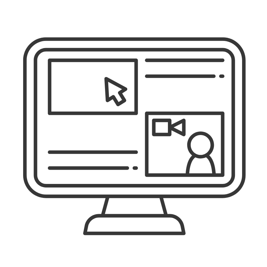 A computer with a video chat, text, and pointer