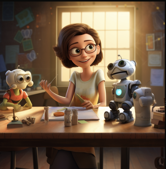 A teacher thinking, surrounded by robots.