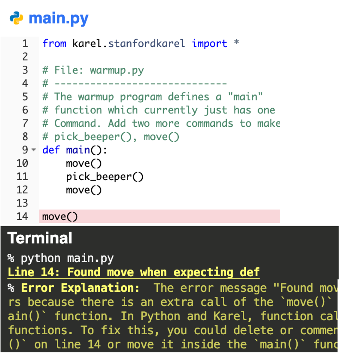 An example LLM generated error message in a sample program.
