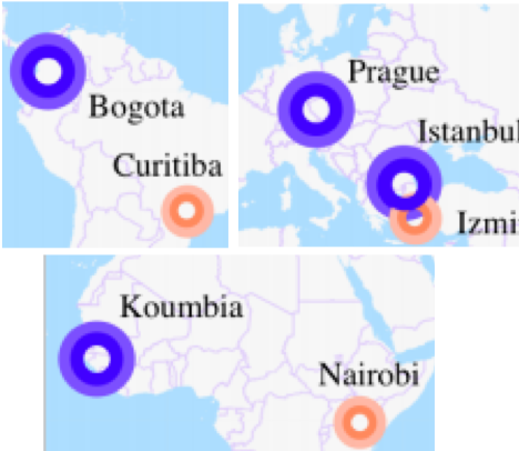 Three maps with cities of co-teaching highlighted.