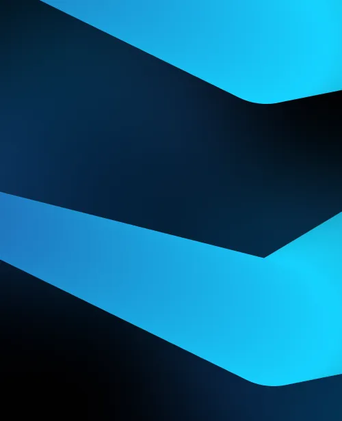 Abstract geometric design with overlapping dark blue and bright blue curved shapes on a gradient background.