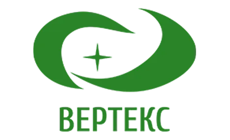 Green logo featuring two crescent shapes forming an oval with a plus sign in the center and the word 'ВЕРТЕКС' below.