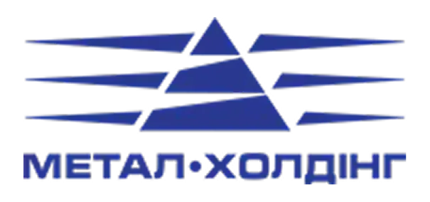 Blue logo featuring a stylized triangular shape with horizontal lines on each side above blue text in Cyrillic reading 'Метал Холдинг'.