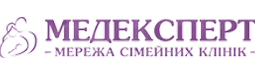 Logo of Medekspert with a stylized image of a mother holding a baby and text in Ukrainian for a network of family clinics.