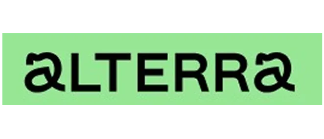 Logo displaying the word 'ALTERRA' in black stylized letters on a green background.