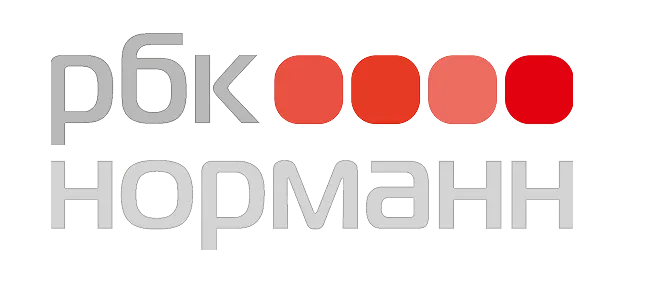 Logo with Cyrillic text 'РБК Норманн' and four red squares increasing in saturation.