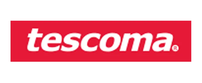 Tescoma brand logo in white lowercase letters on red background.