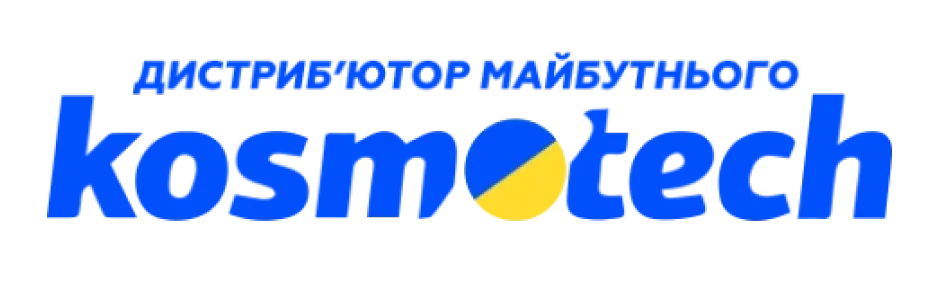 Kosmotech logo with Ukrainian flag colors in the letter 'o' and text above in Ukrainian stating 'Distributor of mobile'.