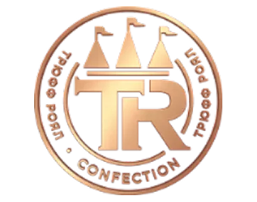 TR Confection logo with stylized gold letters and three castle towers above.