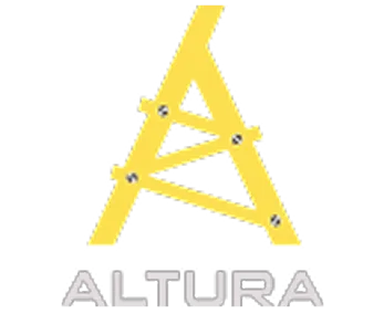 Yellow abstract triangle logo with black dots and the word ALTURA below it.