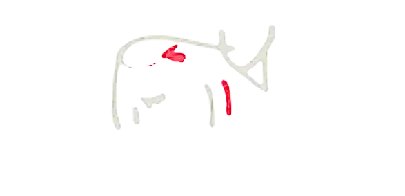 Simple line drawing of a sleeping cat curled up with closed eyes and red cheeks.