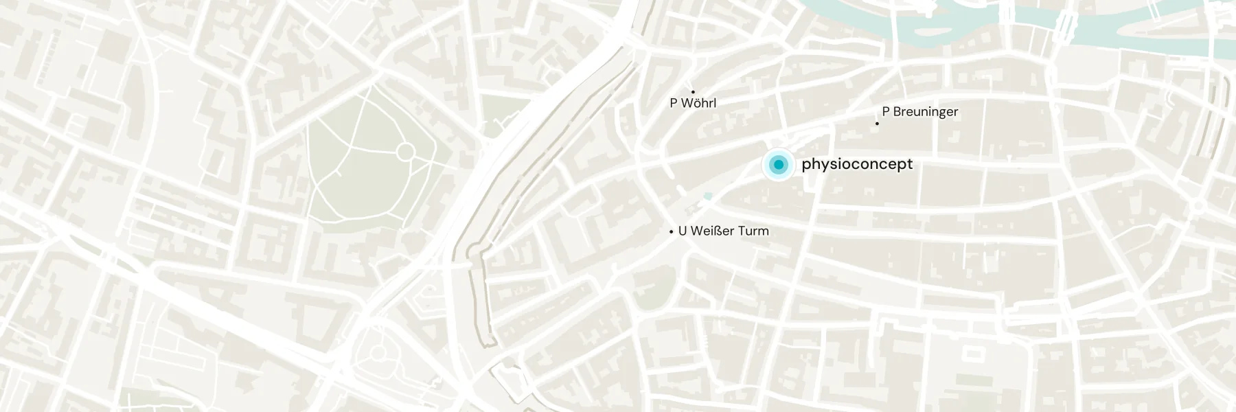 Karte: physioconcept am Ludwigsplatz 1 in Nürnberg, direkt am Weißen Turm, mit U-Bahnhof Weißer Turm und den Parkhäusern Wöhrl und Breuninger