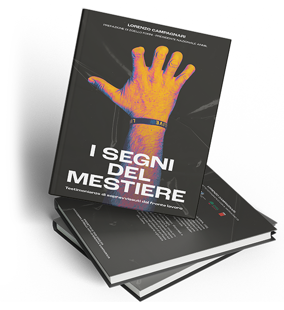 I segni del mestiere, Campagna sociale. Copertina di un libro con una mano aperta e il titolo I segni del mestiere in caratteri bianchi su sfondo nero.