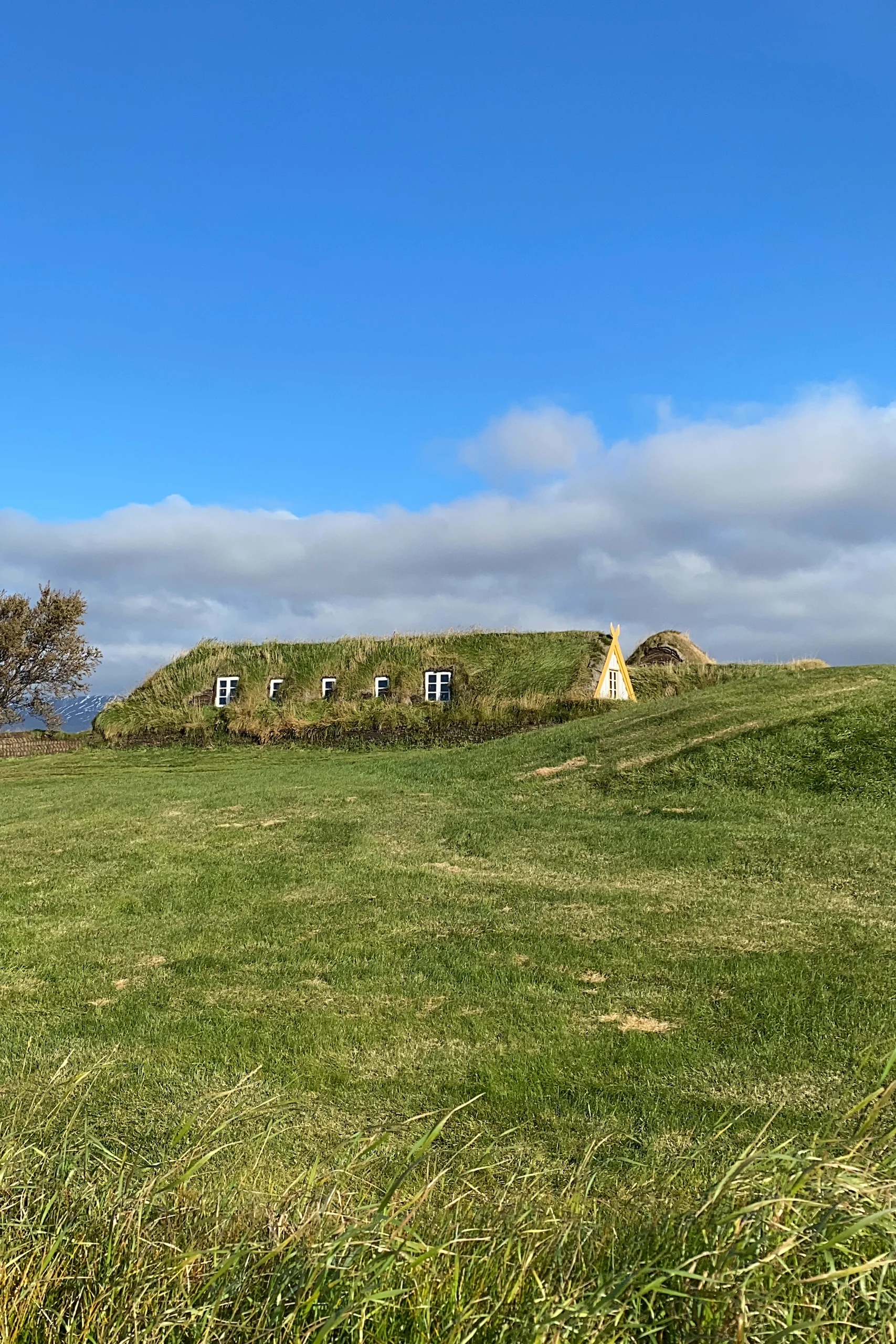 Islanda in auto, libro, Daniel Cortese. Casa con tetto erboso e finestre bianche situata in un campo aperto con cielo azzurro e nuvole.