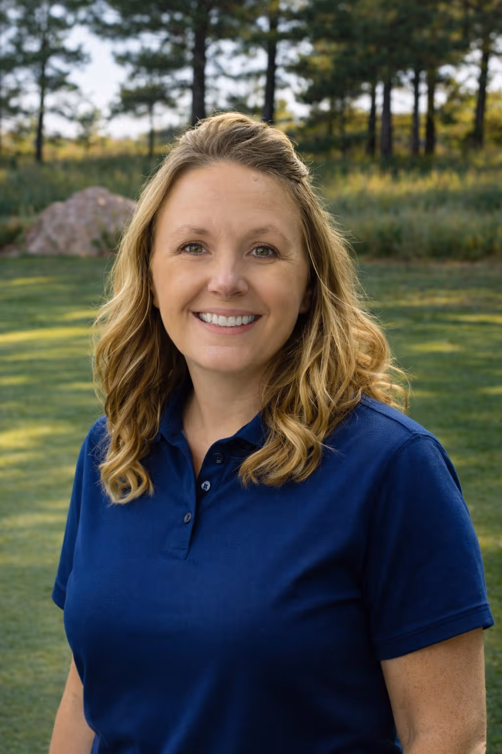 Smiling woman with wavy blonde hair wearing a blue polo shirt standing outdoors in a grassy area with trees in the background.